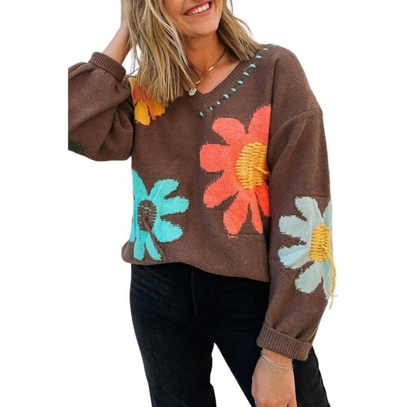 EARKOHA Women's Winter Sweater Long Sleeve Coffee  Big Flower Pattern V Neck - Picture 1 of 5